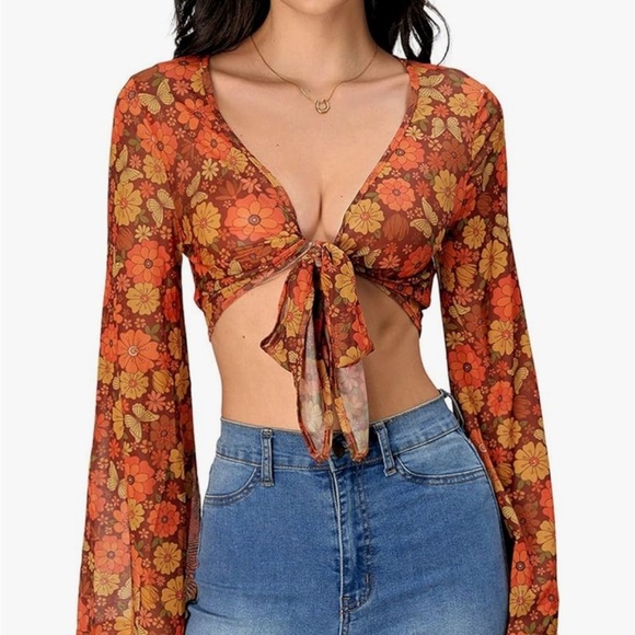 Tops - Floral Tie-Front Chiffon Top - Orange and Brown